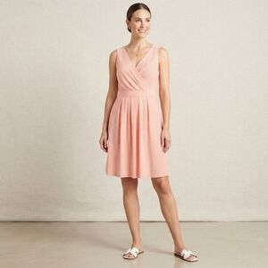 Lands' End Peach White Striped Midi Dress L Surplice V-Neck Sleeveless Preppy